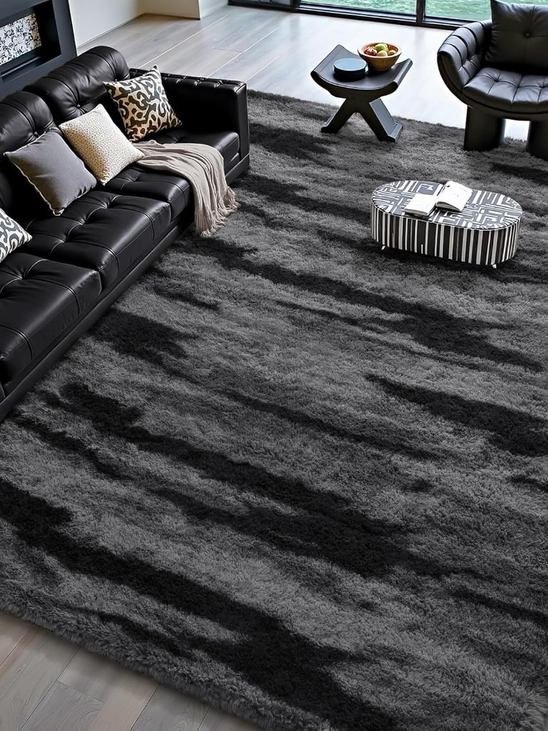 4x6 Area Rug For Bedroom, Black And Grey Fluffy Shaggy Rugs For Living Room, Gra